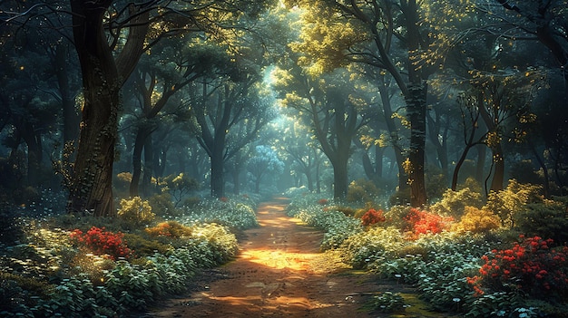 a forest with a path that has the sun shining through it