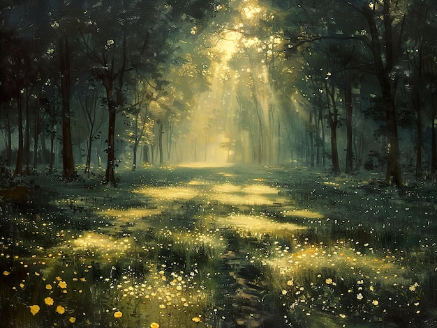 a forest with a path that has the sun shining through the trees