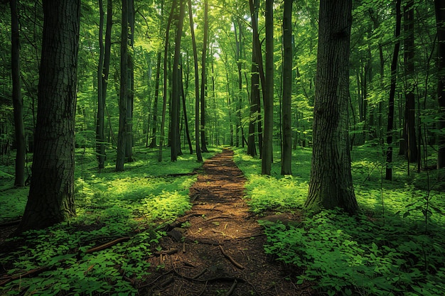 a forest with a path that has the sun shining through the trees