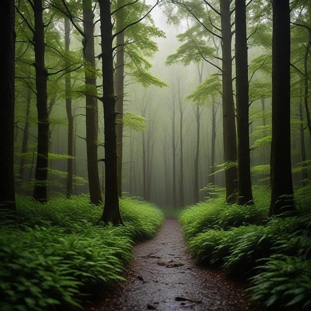 a forest with a path that has a trail in it