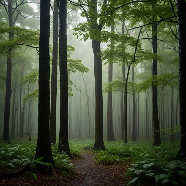 a forest with a path that has a trail in the middle of it