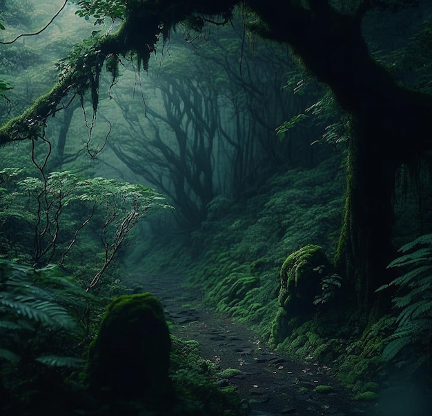 A forest with a path that has a tree on it