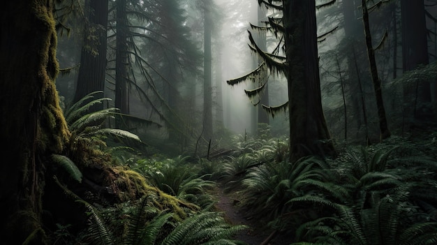 A forest with a path that has a tree on it