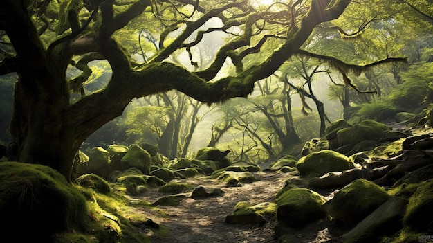 A forest with a path and trees in the foreground