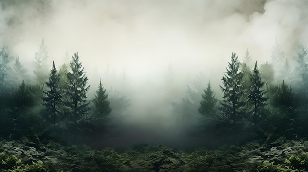 Photo a forest with pine trees and fog in the background