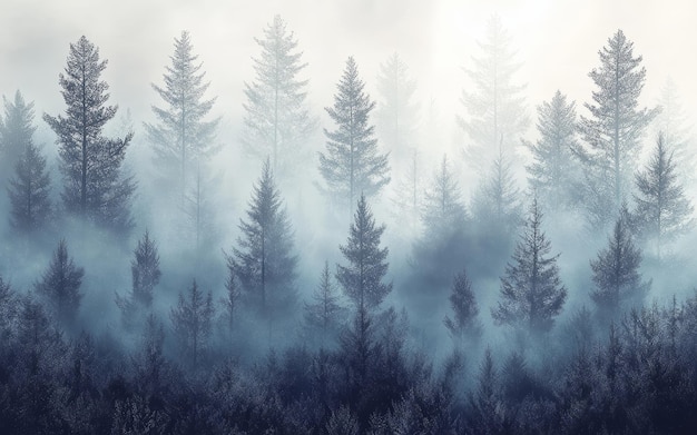 a forest with pine trees in the fog