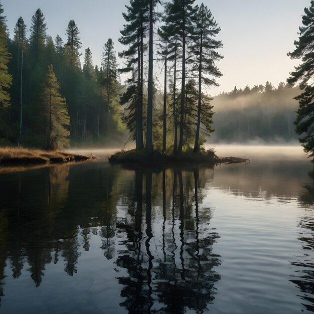 Photo a forest with pine trees and a lake in the background