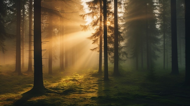 Forest with pine trees and mist fairytale atmosphere woodland landscape