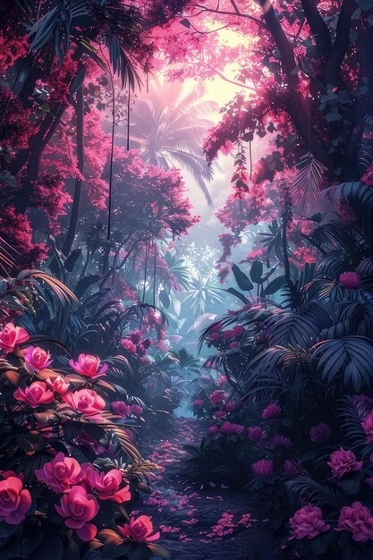 A forest with pink flowers captured beautifully