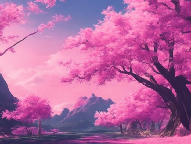 Forest with pink trees and mountains