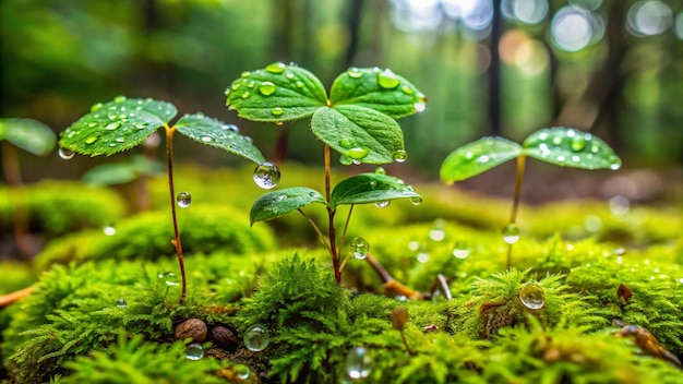 a forest with a plant and water drops on it