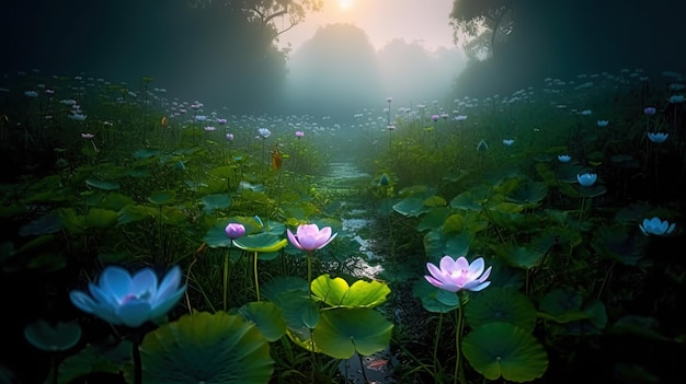 A forest with a pond and lotus flowers