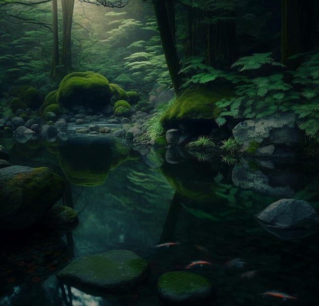 A forest with a pond and a tree with moss on it