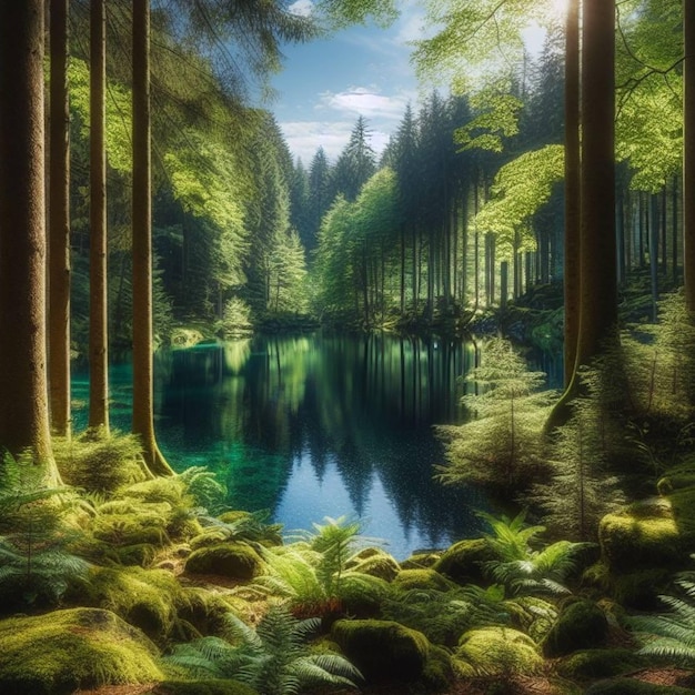 a forest with a pond and trees in the background