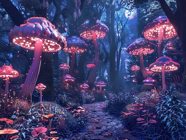 a forest with purple mushrooms and a forest floor