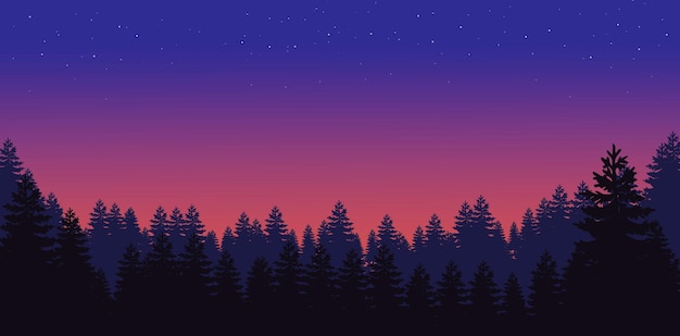 A forest with a purple and orange sky and the stars.