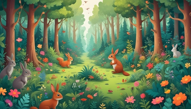 a forest with a rabbit and a rabbit in the woods