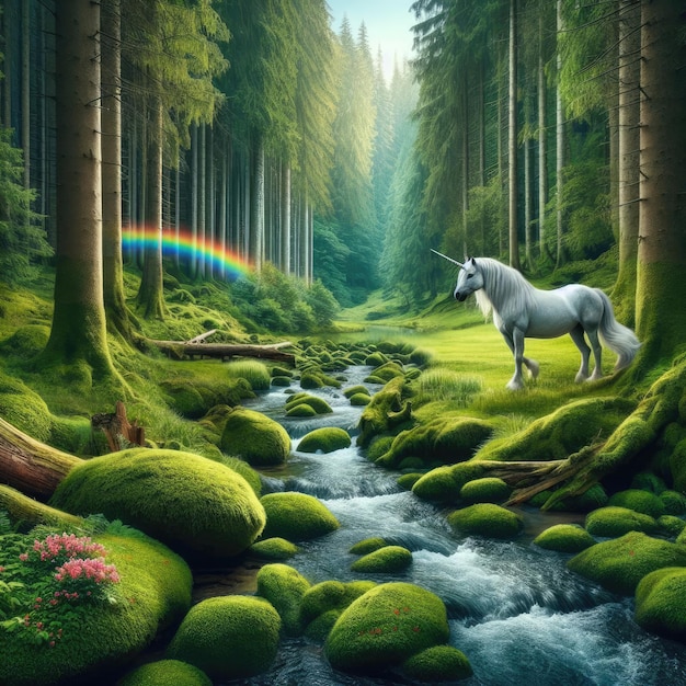 A forest with a rainbow and unicorn