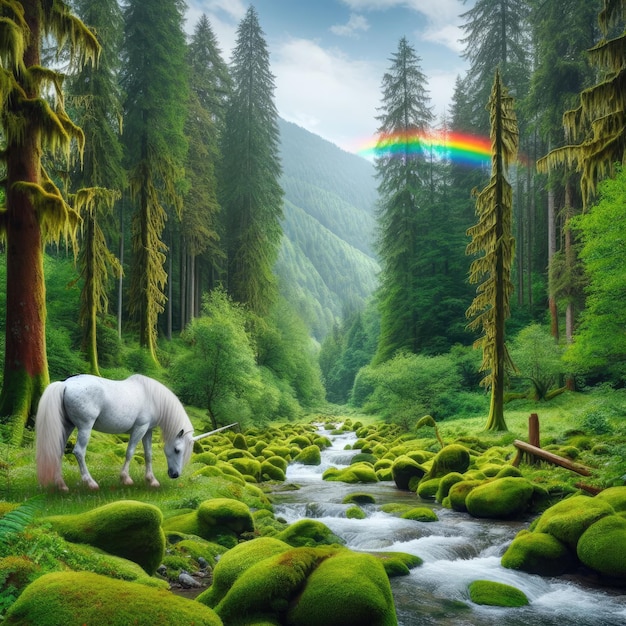 A forest with a rainbow and unicorn