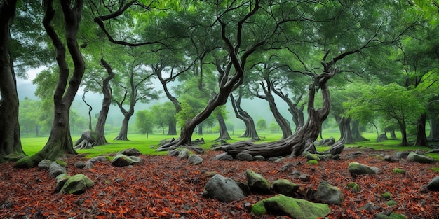 A forest with a red leaf on the ground