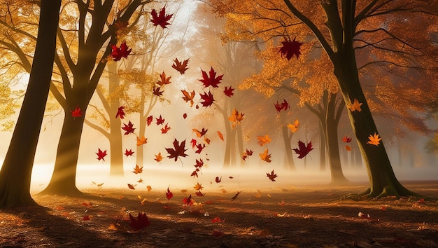 Photo a forest with red leaves and a red leaf on the ground