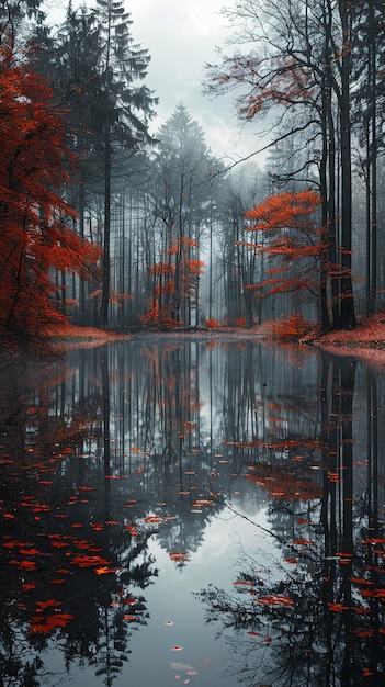 a forest with red leaves and a reflection of a lake in the water