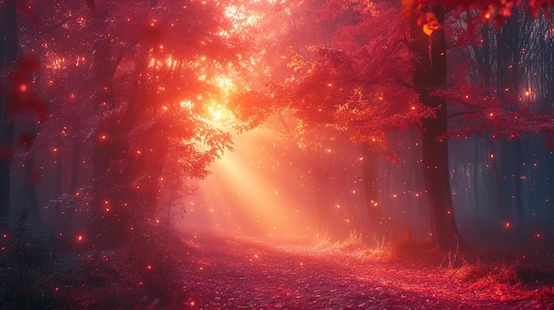 a forest with red and orange light in the background