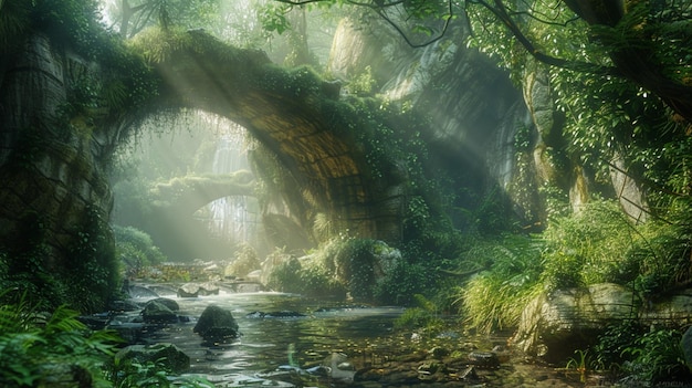 a forest with a river and a bridge in the background