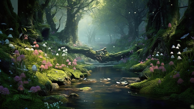 A forest with a river and flowers