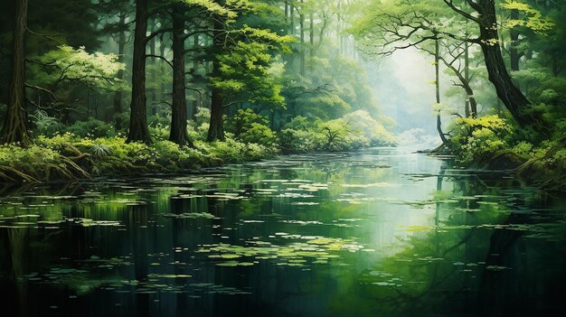 Photo a forest with a river and a forest with lily pads on the water