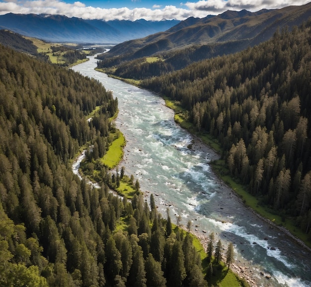 a forest with river in the middle