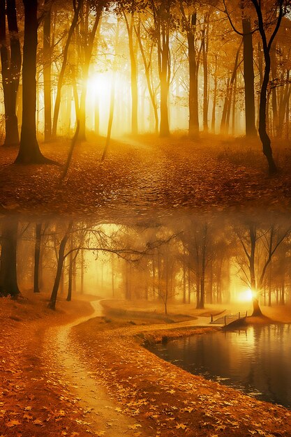 Photo a forest with a river and a path that has the sun shining through it