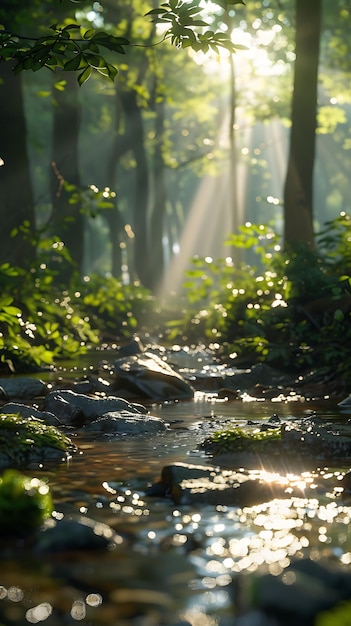 A forest with a river and sunlight filtering through the trees