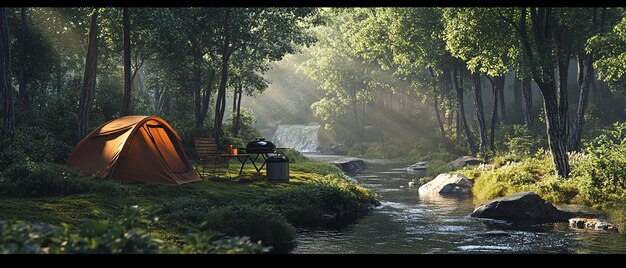 Photo a forest with a river and a tent in the background