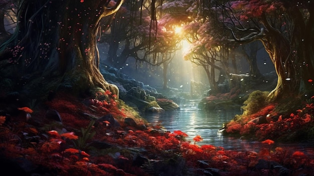 A forest with a river and a tree with red leaves