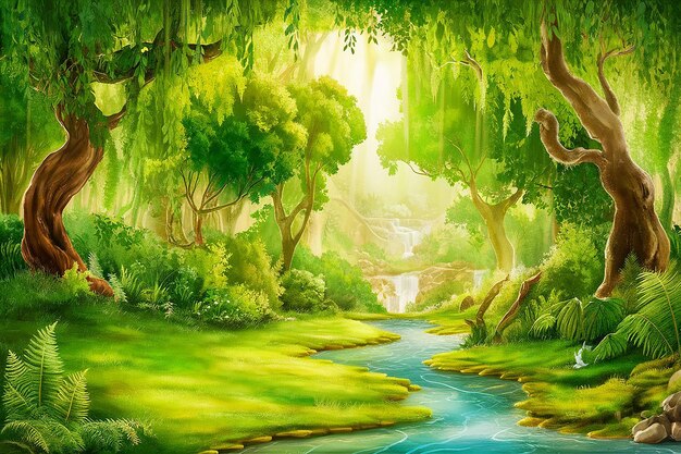 a forest with a river and trees with a waterfall in the background