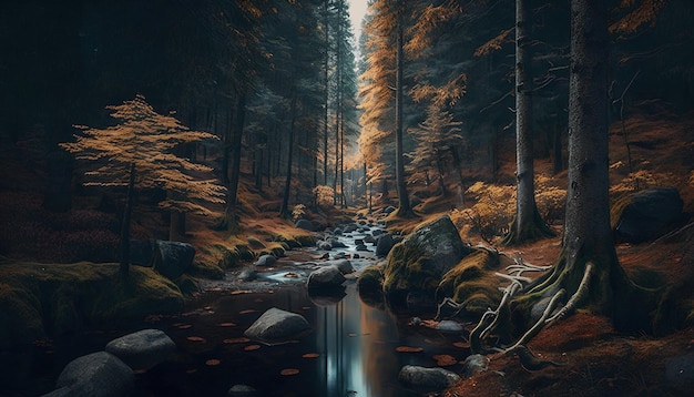 A forest with a river and trees