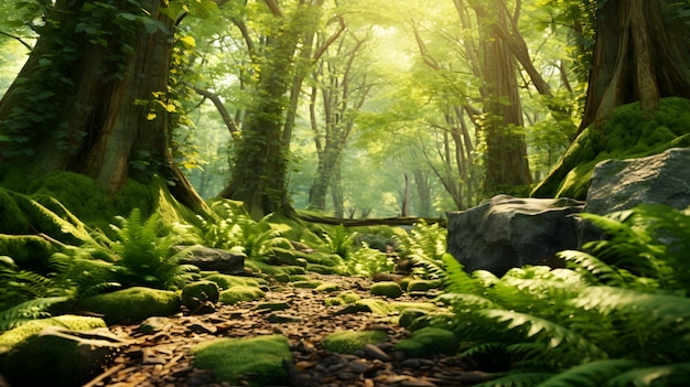 a forest with a rock in the middle of it