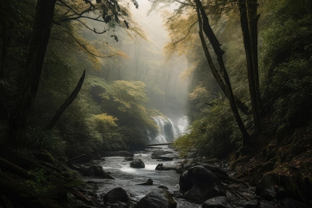 Forest with rushing waterfall and misty air for peaceful retreat created with generative ai