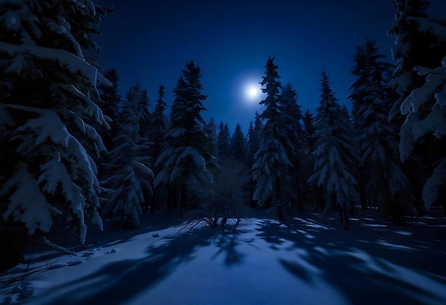 Photo a forest with snow covered trees and a full moon