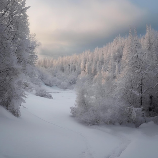 a forest with snow covered trees and a trail in the snow