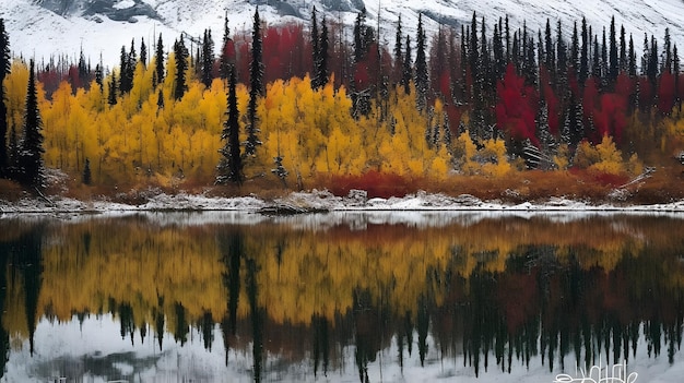 A forest with a snowy mountain in the background