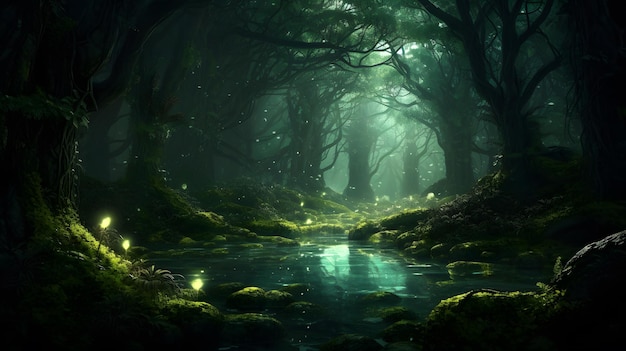 A forest with a stream and fireflies