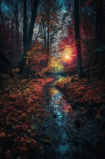 A forest with a stream in the foreground and a colorful sky with the sun shining on it.