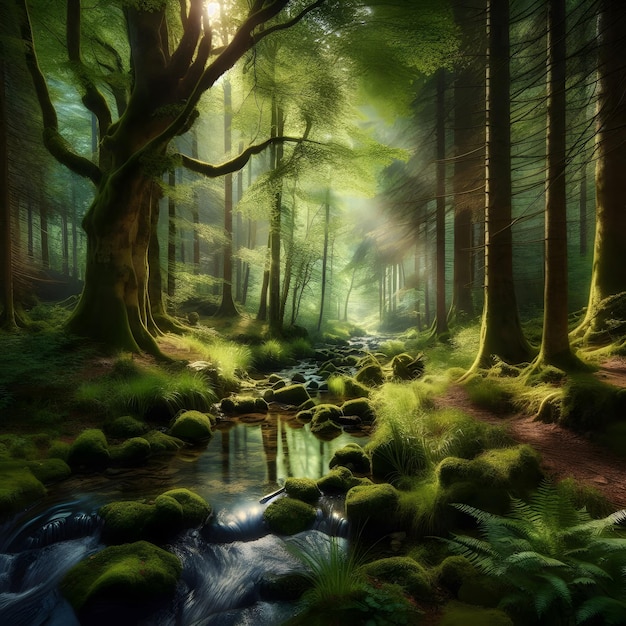 a forest with a stream running through it