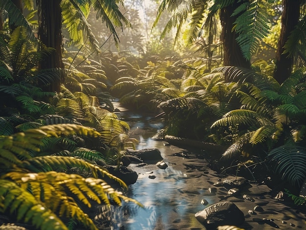 a forest with a stream running through it