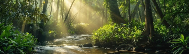 A forest with a stream running through it