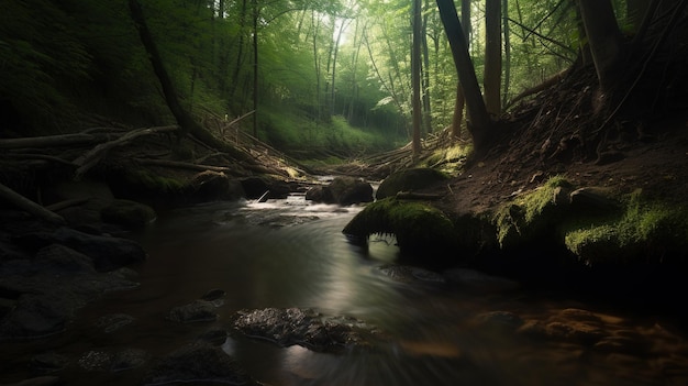 A forest with a stream and the sun shining on it