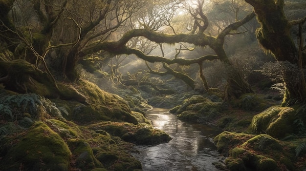 A forest with a stream and trees in the foreground.