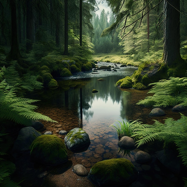 A forest with a stream and trees and a forest with moss on it.